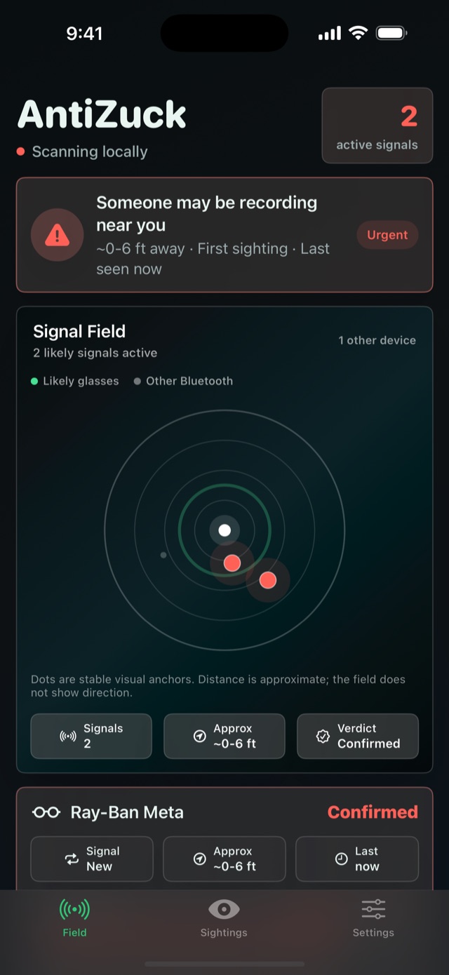 AntiZuck signal field showing two likely smart-glasses signals nearby.