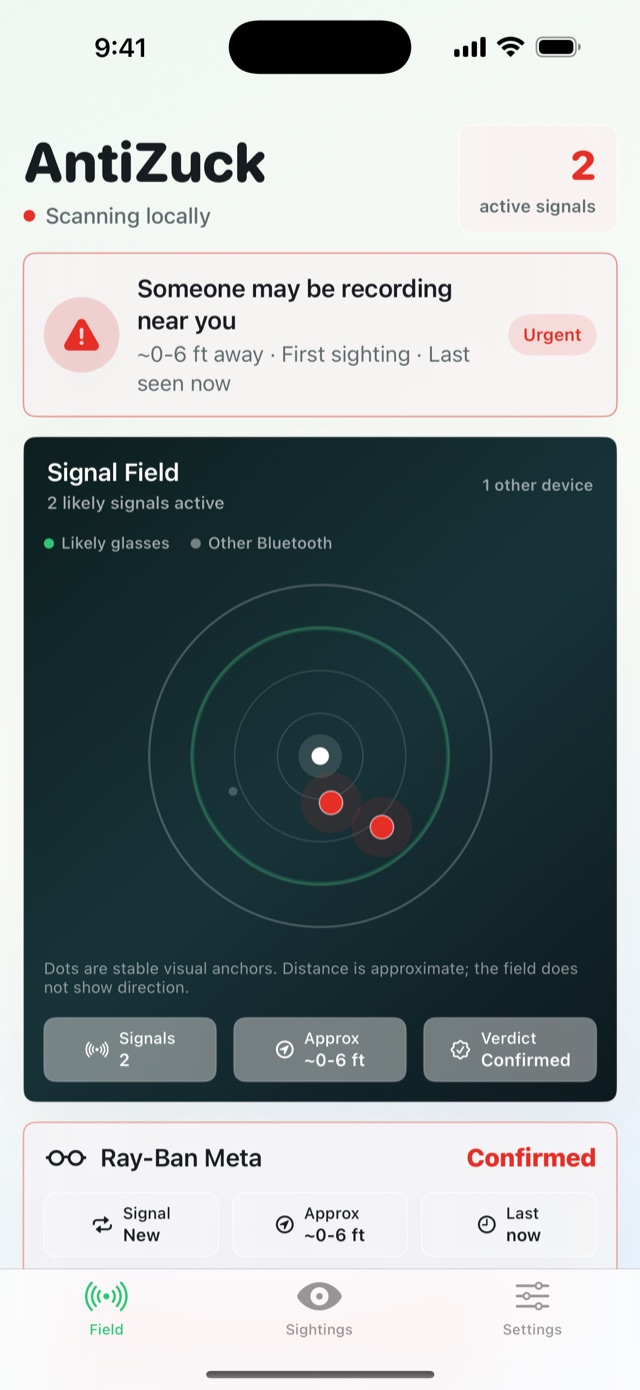 AntiZuck signal field showing a likely smart-glasses signal nearby.
