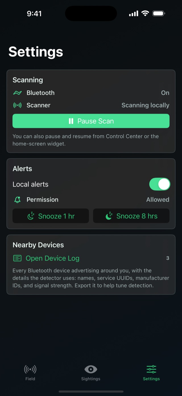 AntiZuck alert, snooze, and registered-device settings.